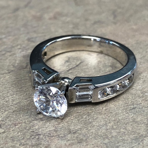 14K White Gold Baguette and Round Diamond Engagement Ring