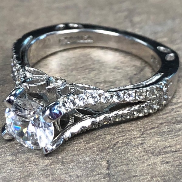 14K White Gold Split Shank Diamond Accent Engagement Ring